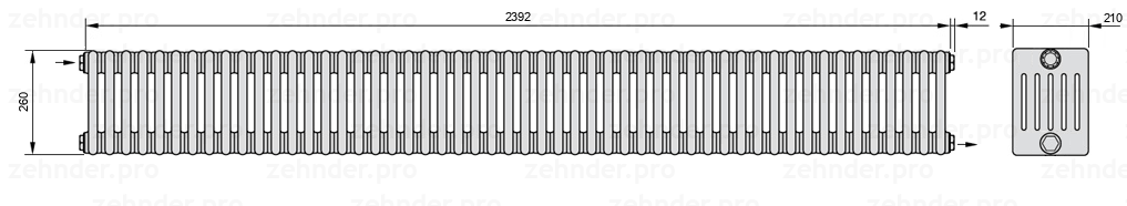 Схема (чертеж) Радиатор Zehnder Charleston 6026/52 №1670 Белый глянцевый RAL 9016